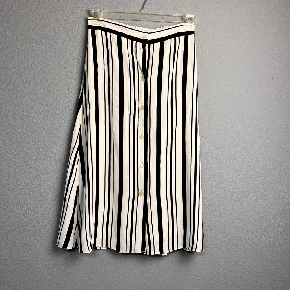 LOFT Black White Striped Button Front Midi Skirt Elastic Waist Size S 503651